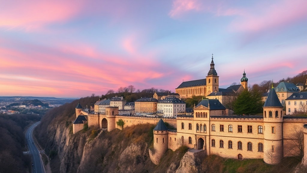 Vista panorámica del casco antiguo de Luxemburgo sobre el valle del Petrusse al atardecer, con la muralla y los tejados iluminados