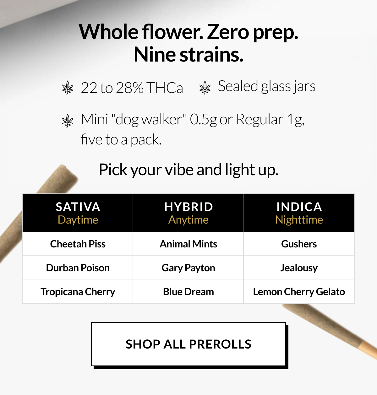 Whole Flower. Zero Prep. Nine Strains.