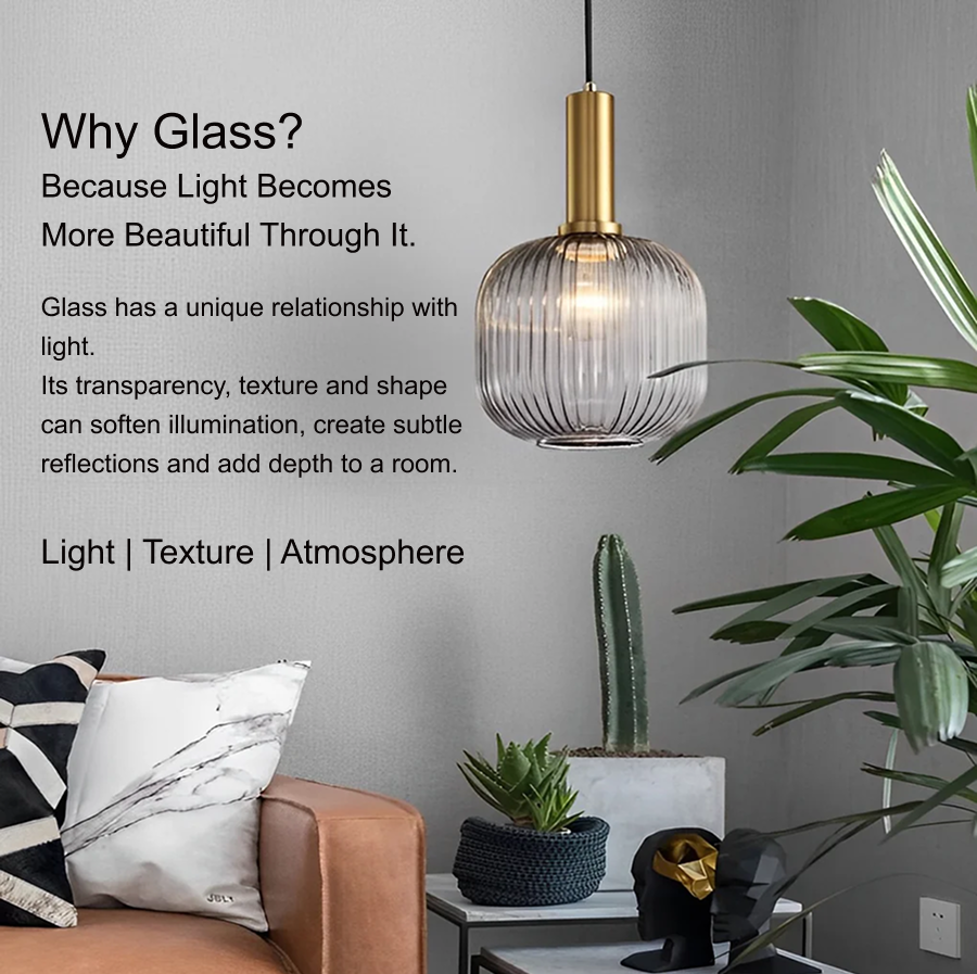 71'' Ambient LED Light Ribbed Metal Translucent Blown Glass Pendant Lights