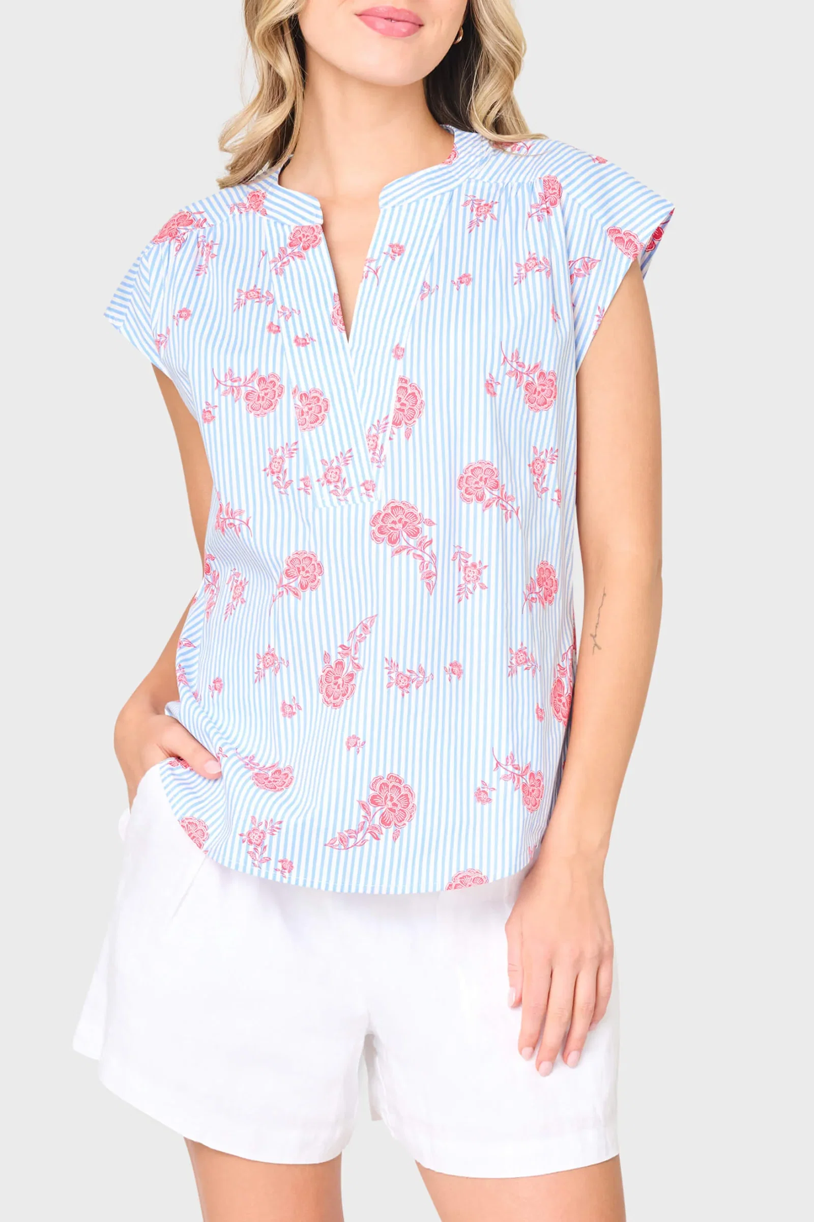 Image of Cap Sleeve Notch Neck Blouse