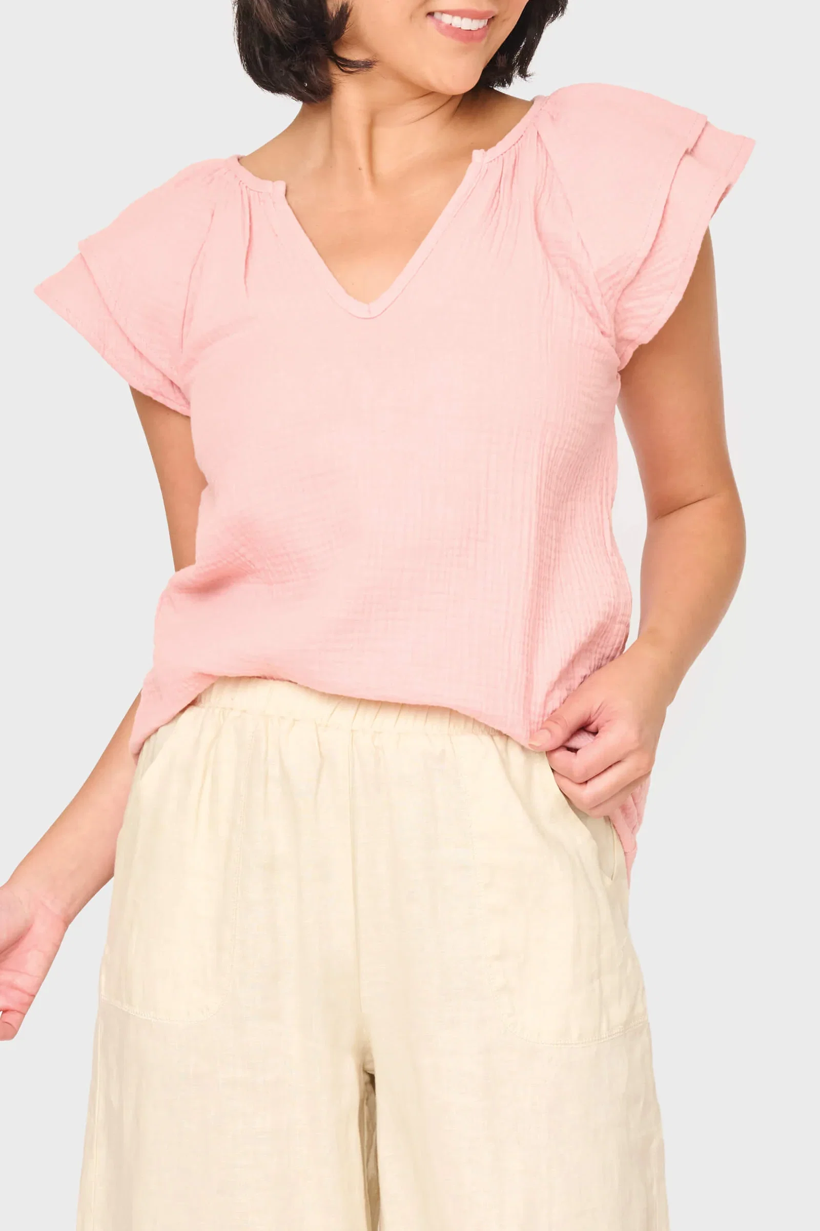 Image of Seaside Flutter Sleeve V-Neck Gauze Top