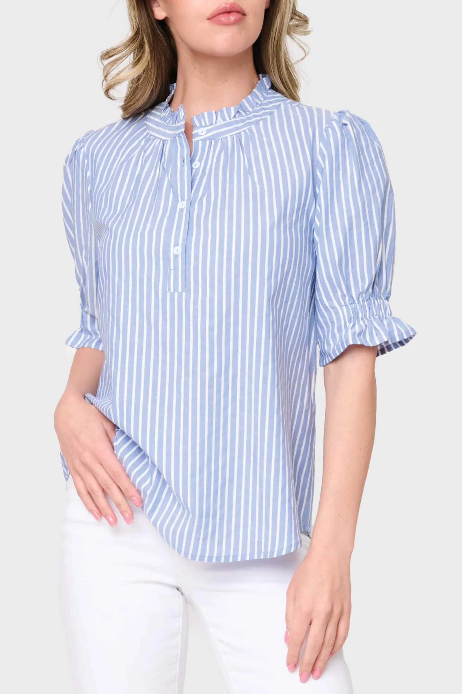 Image of Dianthus Henley Puff Sleeve Stripe Blouse