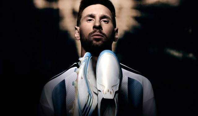 Lionel Messi pose avec la chaussure adidas F50 Último Tango.