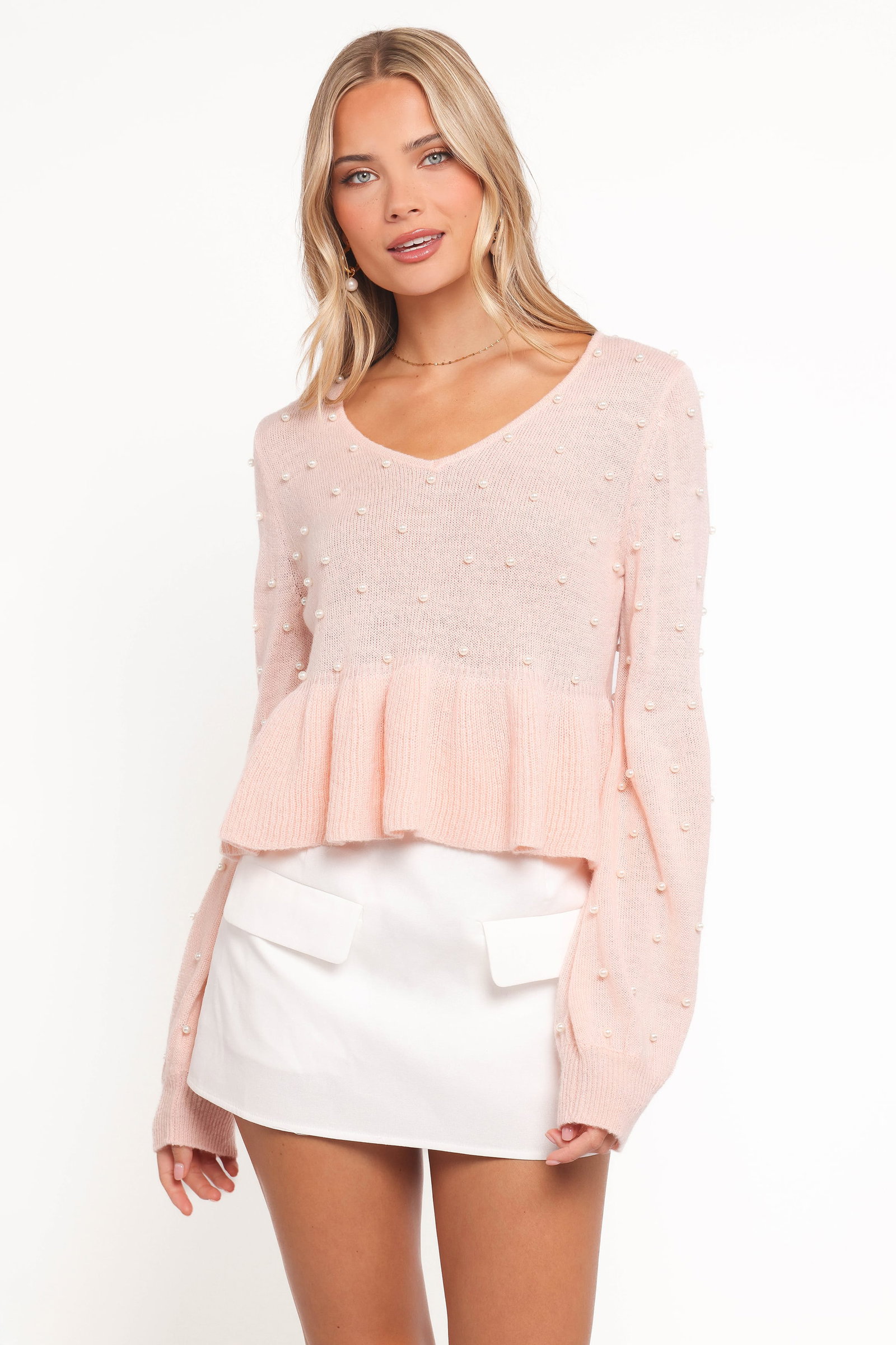 Image of Molly Pearl Peplum Knit Sweater - Light Pink