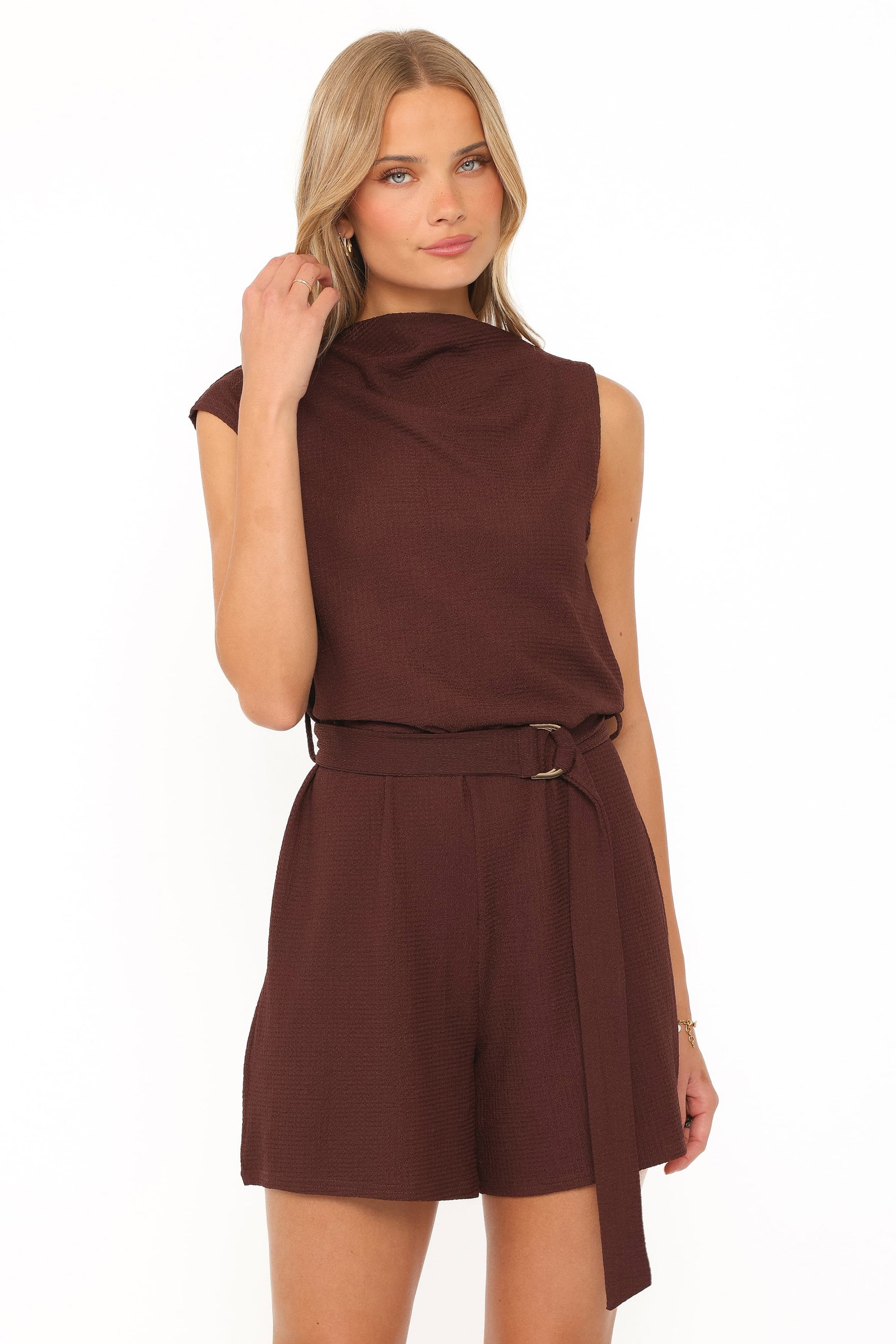 Image of Zaia Belted Knit Romper - Chocolate Brown