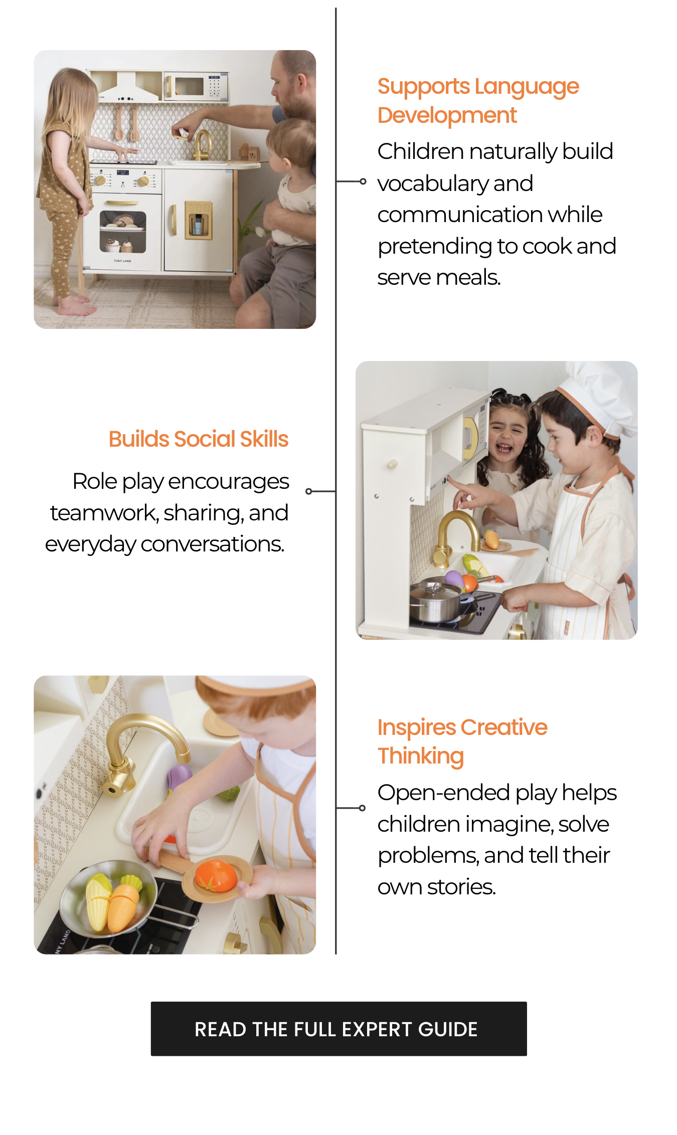 Supports Language Development: Children naturally build vocabulary and communication while pretending to cook and serve meals.  Builds Social Skills: Role play encourages teamwork, sharing, and everyday conversations.  Inspires Creative Thinking: Open-ended play helps children imagine, solve problems, and tell their own stories.