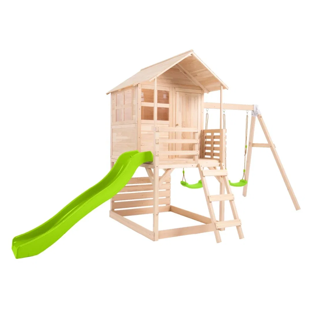 Image of Buttercup Cottage Wooden Playhouse with Verandah, 6ft Wavy Slide, Double Swing Arm and Deck - FSC® certified