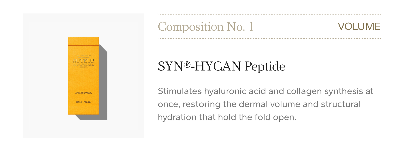 Volume. SYN-HYCAN Peptide stimulates hyaluronic acid and collagen synthesis at once, restoring the dermal volume and structural hydration that hold the fold open. Composition No. 1 Serum, $1,190.