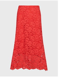 Red Lined Midi Skirt With Lace Overlay