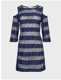 Dark Navy High-Low Tunic Dress with Sheer Lace Panels and Cold Shoulder