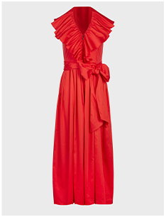 Red Fitted Poplin Halter Dress With Large Front Ruffle