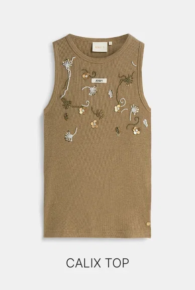 JV-CALIX slim fit top met kralen details - khaki melange