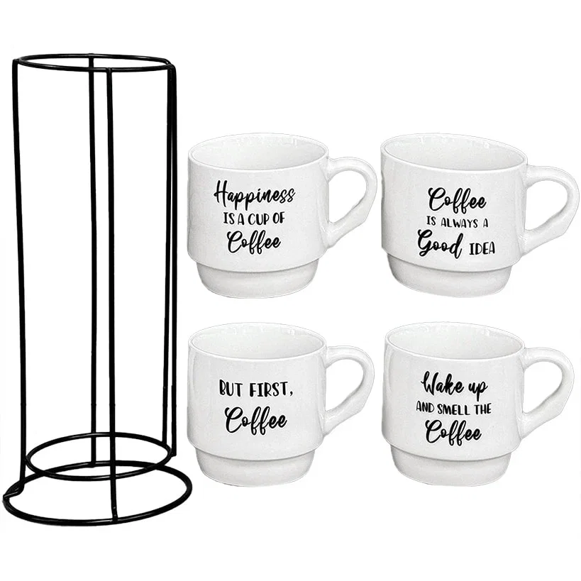 Image of Stoneware Stackable Coffee Mug Set with Stand