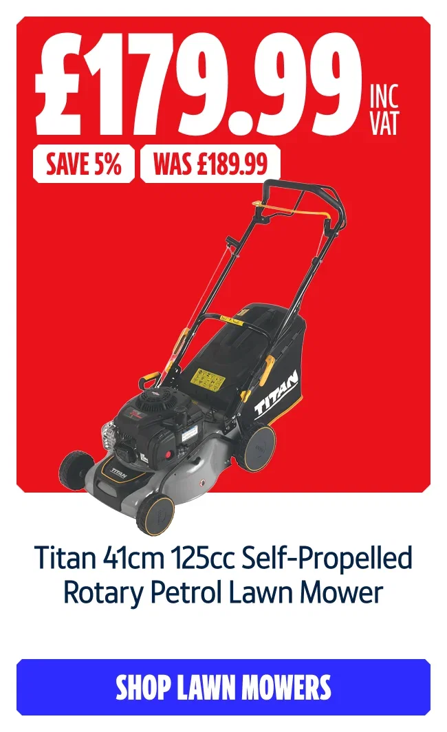 Save 5% on this Titan 41cm 125cc Self-Propelled Rotary Petrol Lawn Mower. Now £179.99 Inc VAT Was £189.99. Shop lawn mowers