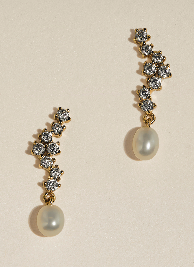 Scalloped Crystal Charm Studs in Gold