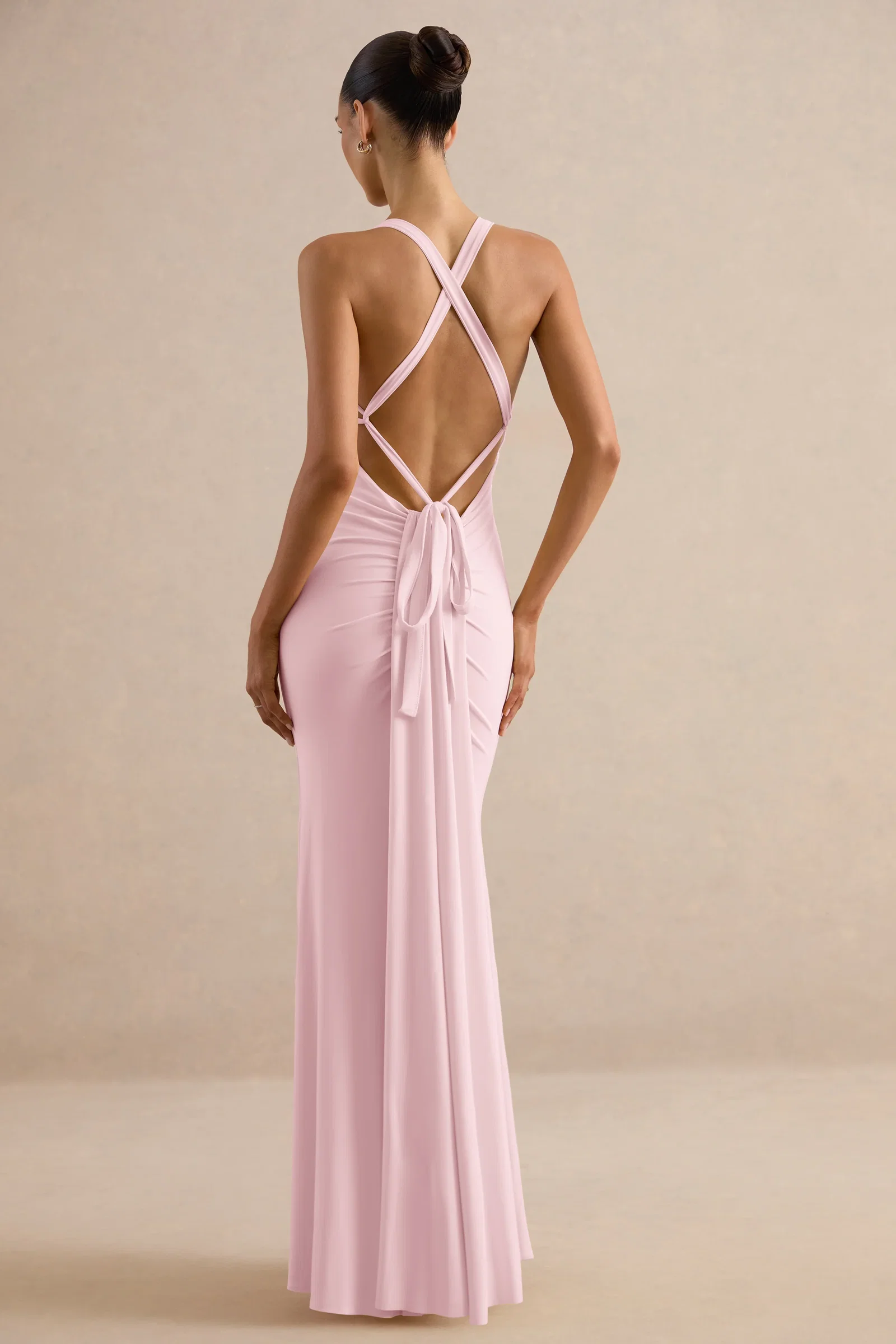 Image of Goldiea | Light Pink Halter-Neck Fishtail Maxi Dress