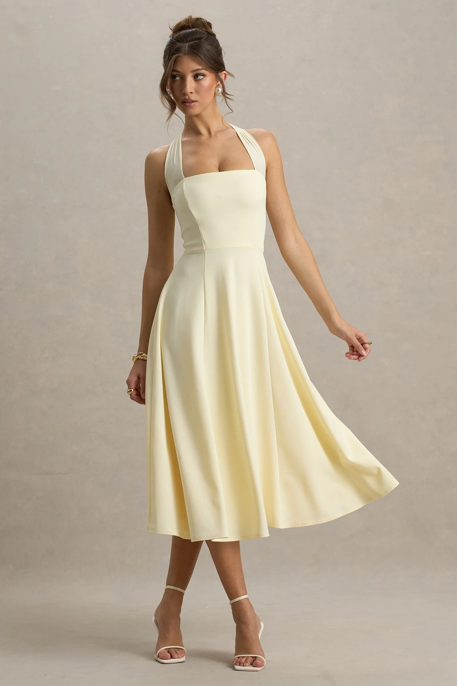 Image of Auburn | Pale Lemon Halter Skater Midi Dress