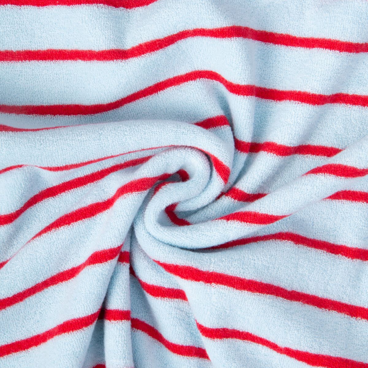 Tissu Jersey Eponge rayures Rouge sur fond Bleu ciel - Par 10 cm