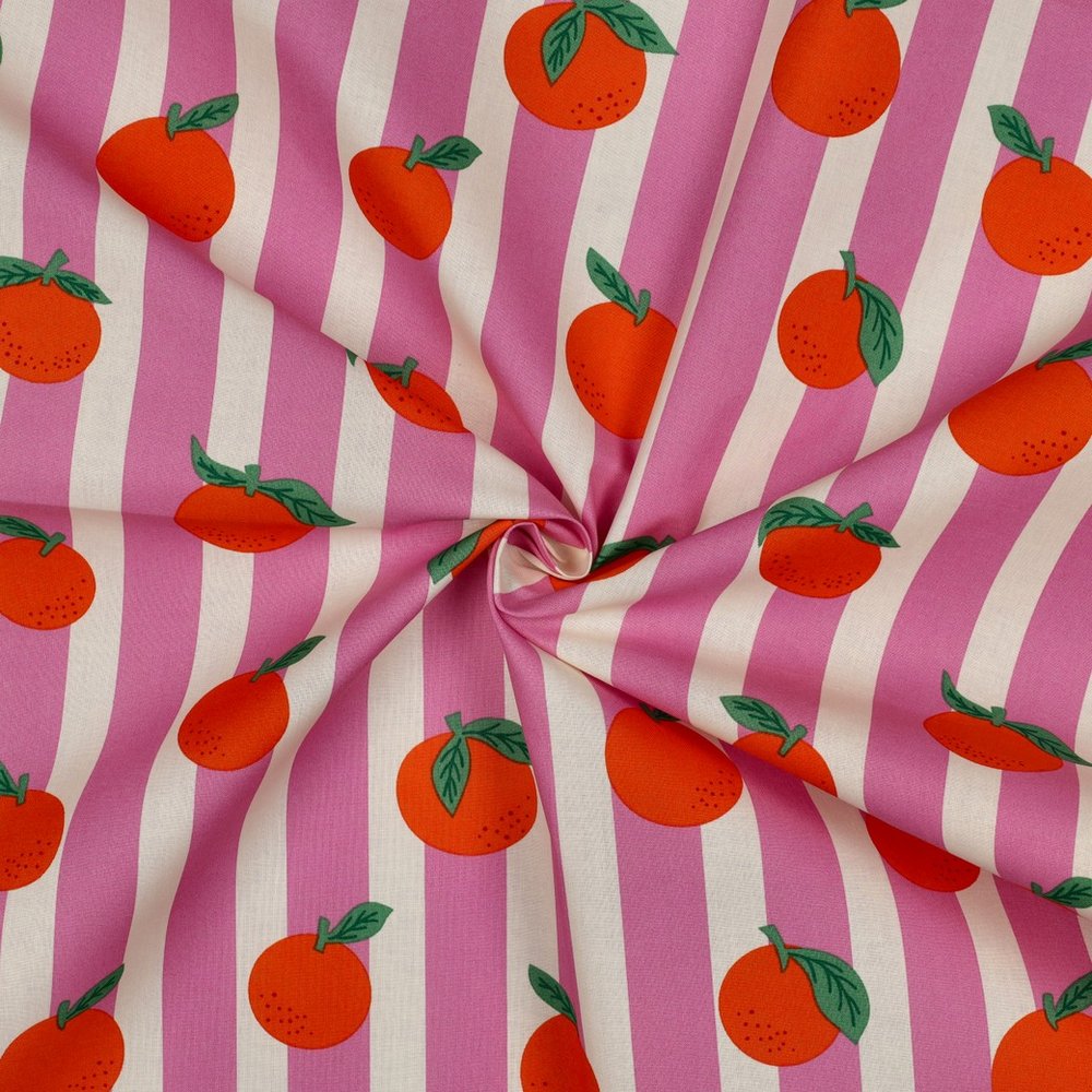 Tissu Coton enduit Poppy Oranges et rayures sur fond Rose - Par 10 cm