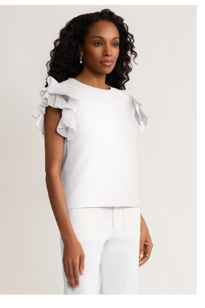 Family Savvy Flutter Sleeve Mixed-Media Top, White