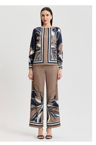 Floral Abstract Crepe de Chine Blouse, Warm Taupe