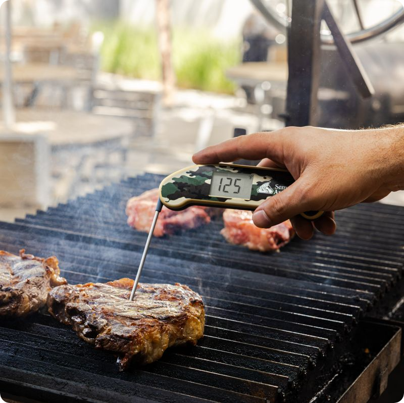 Camo Thermapen Temping Steak on Grill