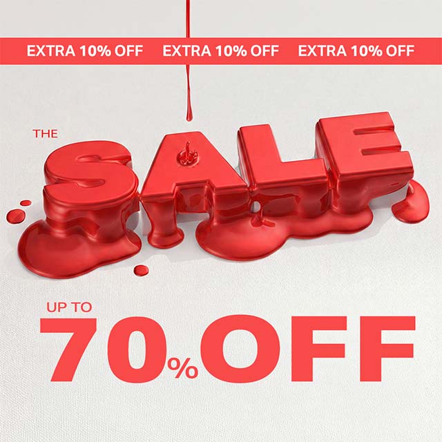 Red promotional image with large 3D letters spelling 'SALE' melting into a puddle. Text above reads 'EXTRA 10% OFF' in a red band. Below, 'UP TO 70% OFF' is prominently displayed in red.