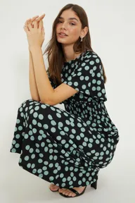Spot Shirred Waist Short Sleeve Midi Dress