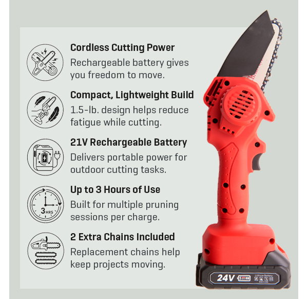 Small saw? Big helper. Get 22% off our Cordless Electric Mini Chainsaw.