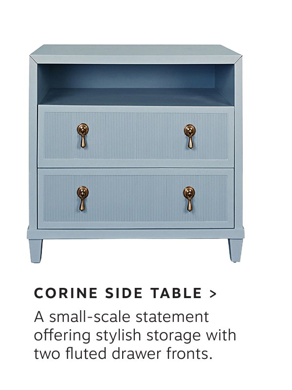 Corine Two Drawer, Open Shelf Side Table