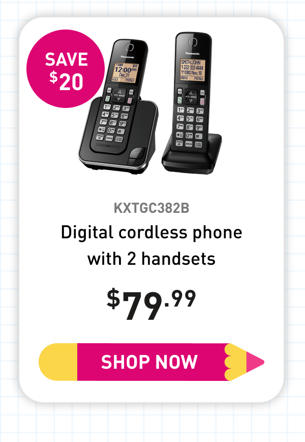 KXTGC382B Digital cordless phone with 2 handsets 79.99 Save 20 Shop Now