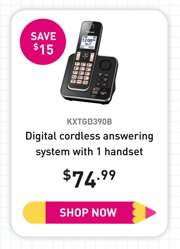 KXTGD390B Digital cordless answering system with 1 handset 74.99 Save 15 Shop Now