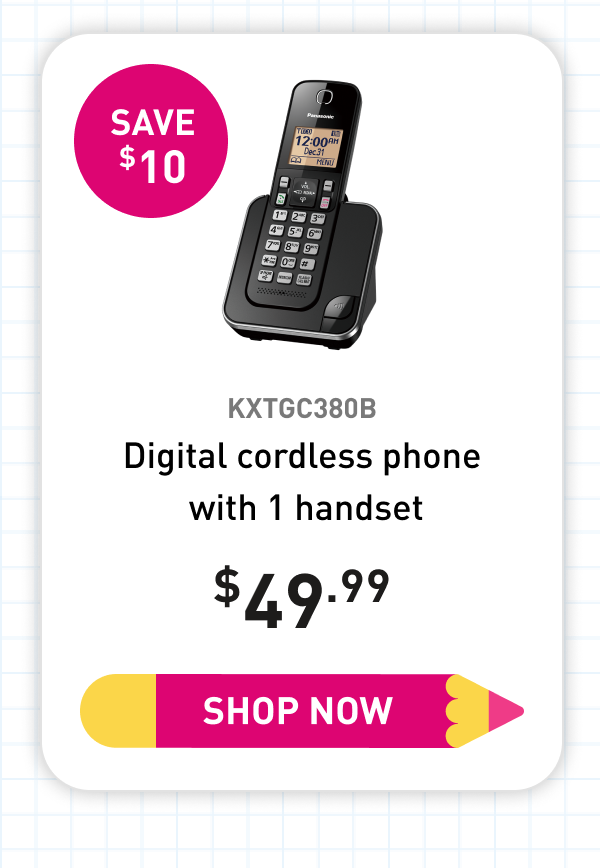 KXTGC380B Digital cordless phone with 1 handset 49.99 Save 10 Shop Now