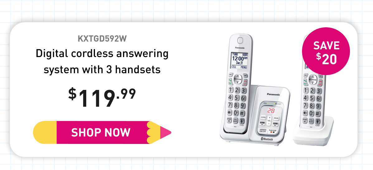 KXTGD592W Digital cordless answering system with 3 handsets 119.99 Save 20 Shop Now