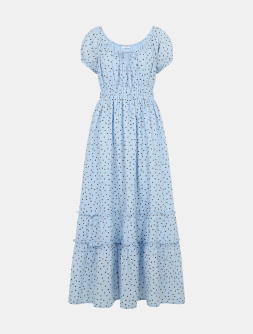 Polka Dot Puff Sleeve Midi Dress Blue