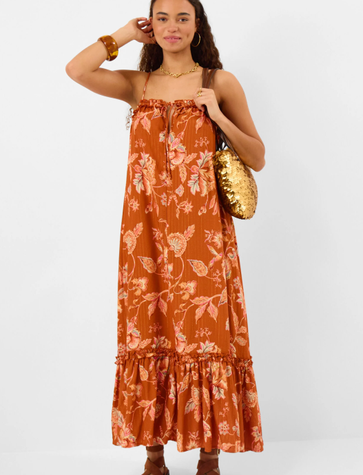 Sleeveless Floral Shimmer Maxi Dress Orange