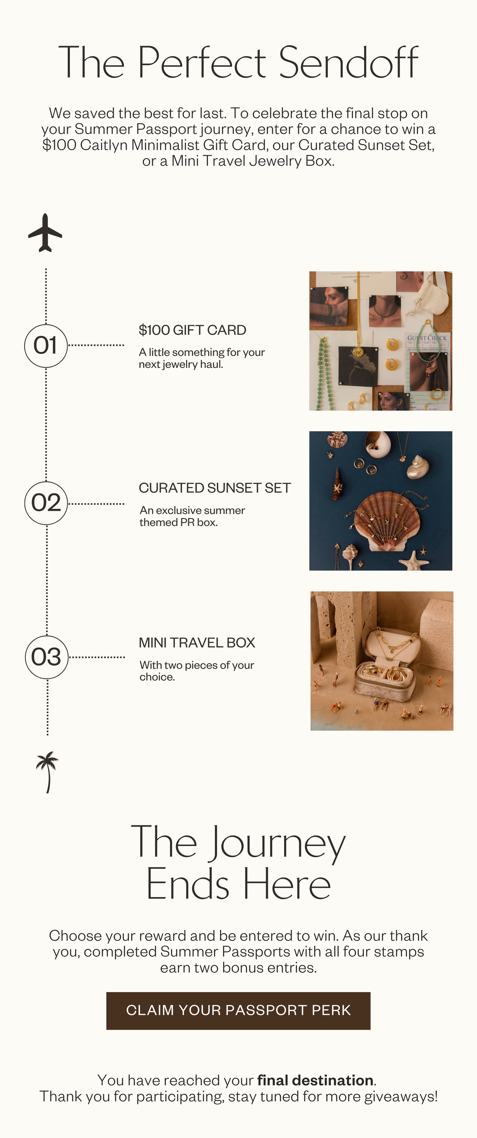 "The Perfect Sendoff" offering three reward tiers: a $100 gift card, a curated sunset set, and a mini travel box. The graphic also features a "Claim Your Passport Perk" button and a "The Journey Ends Here" message.