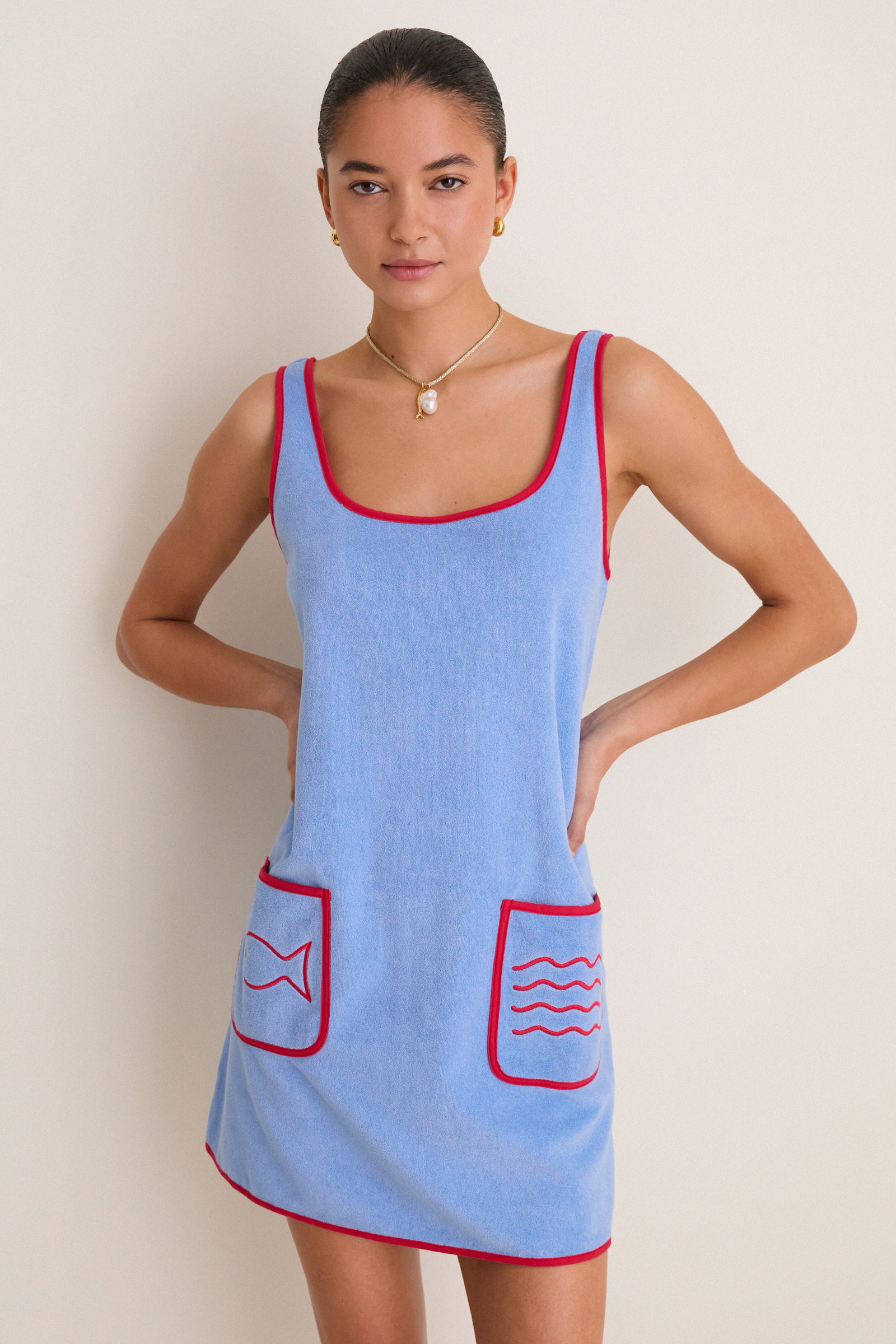 Image of Powder Blue and Poppy Embroidered Mini Terrycloth Coverup