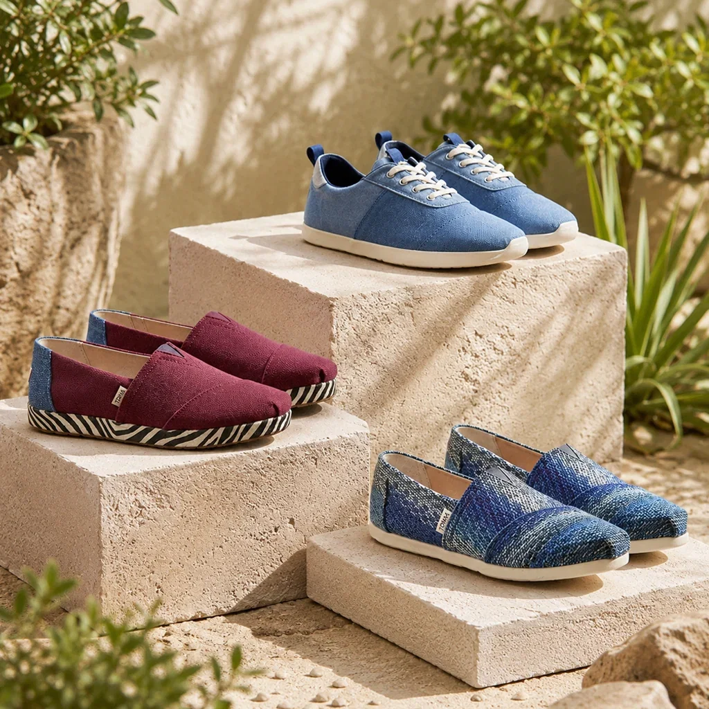Three TOMS shoes displayed on cream-colored stone blocks in a garden setting with greenery and shadows.