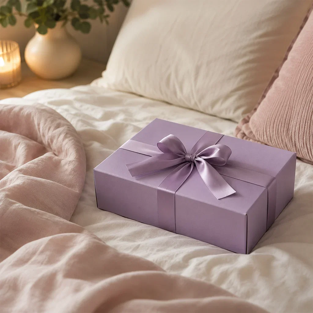 Lavender gift box with silk bow on cream bedding with pillows and candle