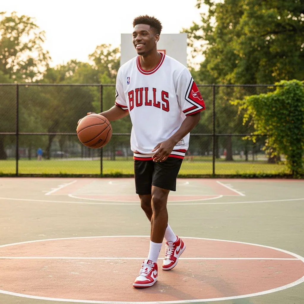 Young man in Chicago Bulls vintage jersey and sneakers holding basketball on outdoor court