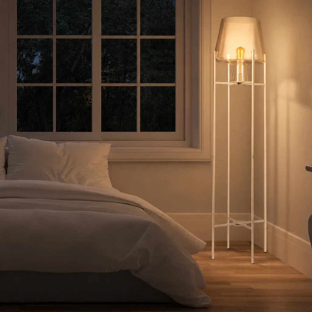 Modern bedroom at night with illuminated floor lamp beside bed near large windows overlooking dark trees
