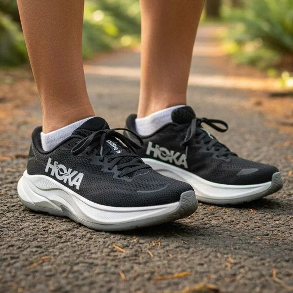 Person wearing black and white HOKA running shoes on a paved path with greenery in background.