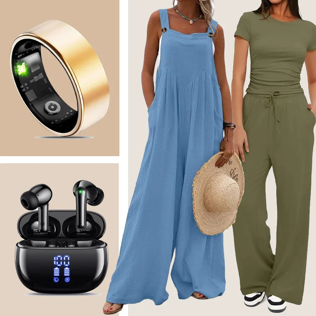 TikTok Finds by Leo Rosi: smart ring, wireless earbuds, blue jumpsuit, green t-shirt and pants, straw bag, sneakers.