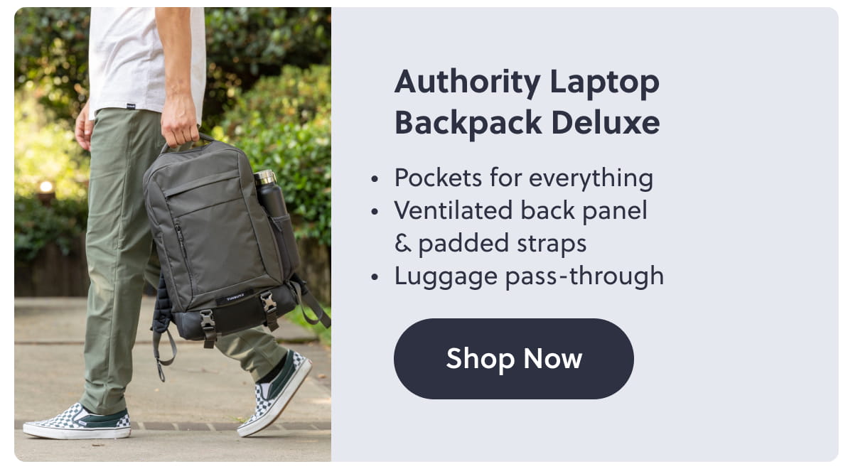Authority Laptop Backpack Deluxe |  Pockets for everything. Ventilated back panel & padded straps. Luggage pass-through. Shop Now