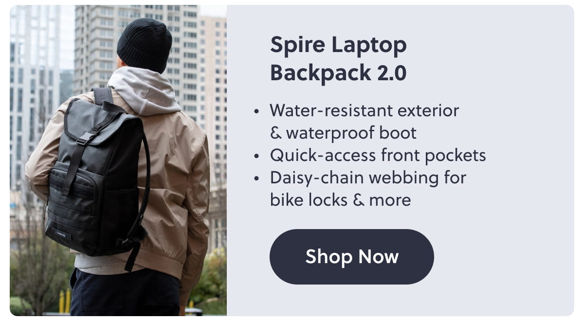 Spire Laptop Backpack 2.0 |  Water-resistant exterior & waterproof boot.  Quick-access front pockets.  Daisy-chain webbing for bike locks & more. Shop Now