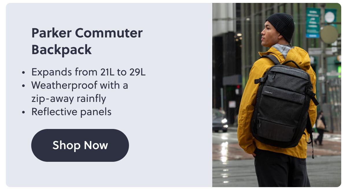 Parker Commuter Backpack |  Expands from 21L to 29L.  Weatherproof with a zip-away rainfly.  Reflective panels.  Shop Now