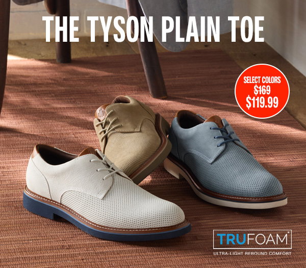 Three Tyson Plain Toe shoes in white, tan, and blue displayed on a woven rug. Text reads: 