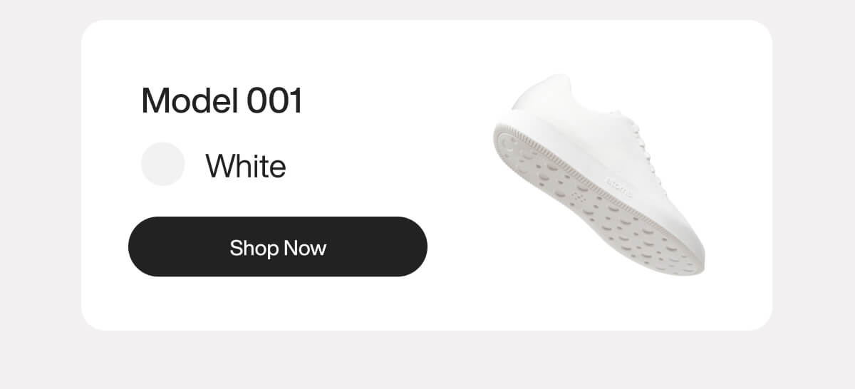 "White sneaker Model 001 displayed with "Shop Now" button, highlighting its sleek design and textured sole."