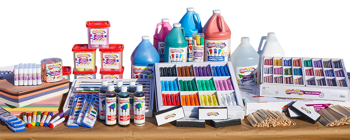 Construction paper, glue sticks, modeling dough, watercolors, tempera paint & sticks, glue, crayons